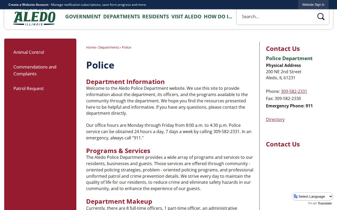 Official Aledo Police Department contact page with address, telephone, and office hours