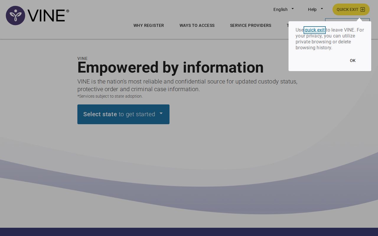 VINELink notification registration screen without private data