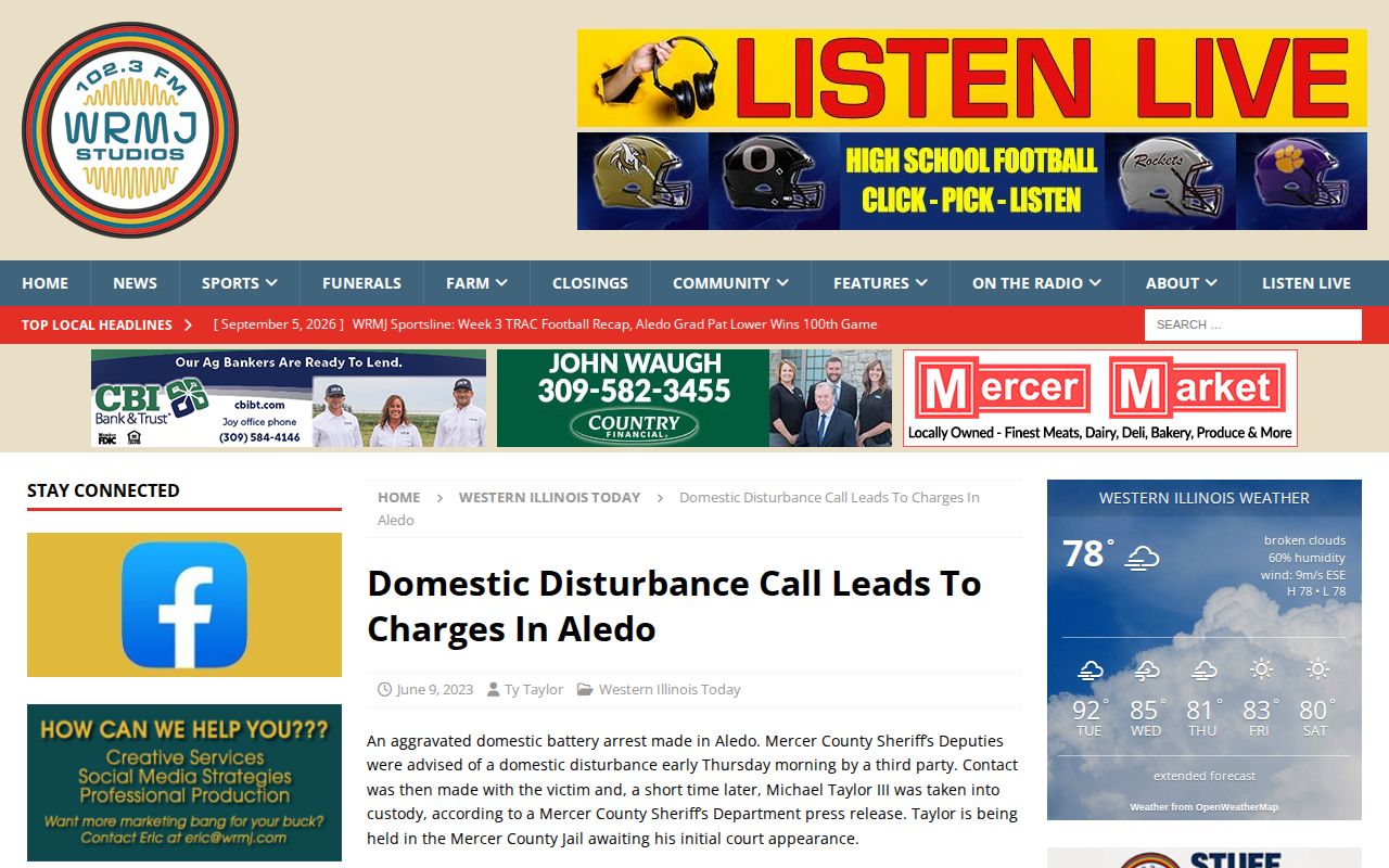 WRMJ dated article about charges following an Aledo domestic disturbance call